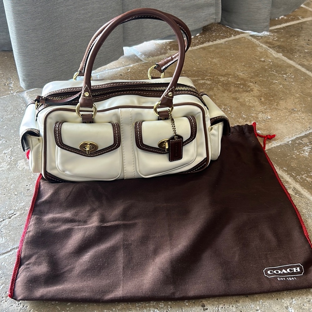 Small White and brown leather coach purse